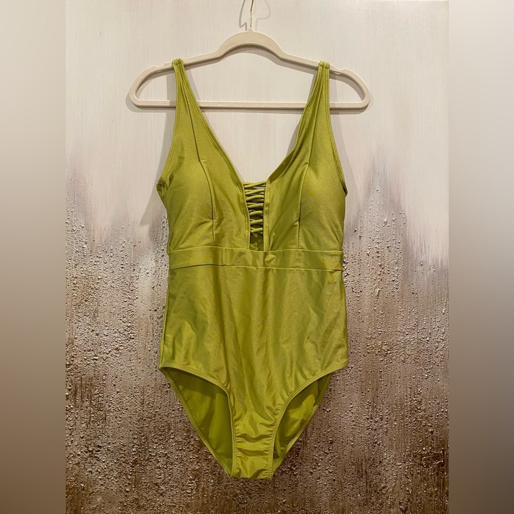 Catherine Malandrino Lace Up Front One Piece Swimsuit in a Lime Green (Size L)